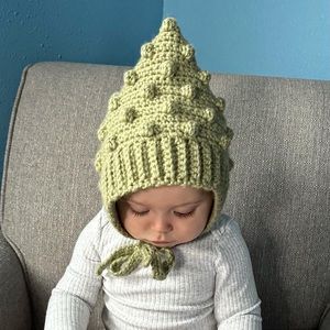 Handmade crocheted pastel olive green pixie bonnet, infants 12-24 month, NEW
